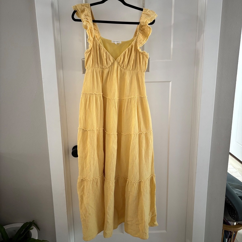 Free The Roses Yellow Gauzy Cotton Maxi Dress Ruffle Sleeve Tiered Boho Size XS